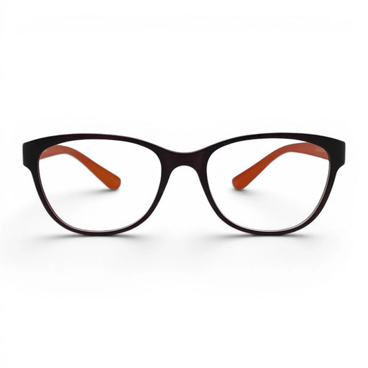 Orangebox 586 square TR90 plastic prescription eyeglasses in matte brown and orange, front view