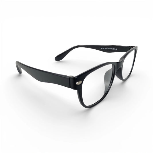 Skycastle 552 square TR90 plastic eyeglasses, side view with built-in nose pads and lens-side studs
