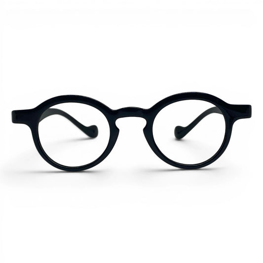 Soule 725 round TR90 plastic prescription eyeglasses in black, front view
