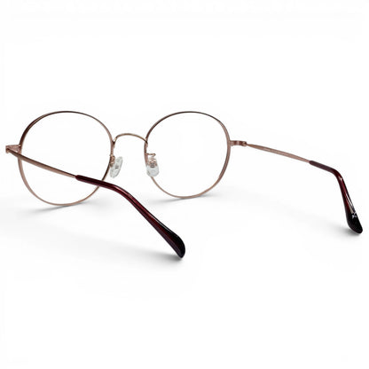 Teyang 8755 round titanium prescription eyeglasses, back view with wine temple tips