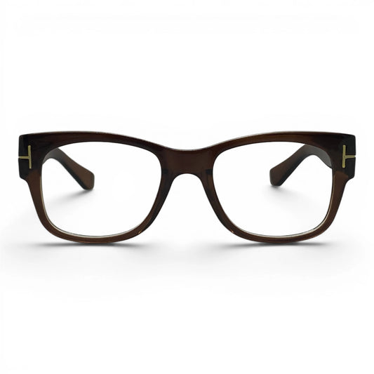 Tpine 553 square TR90 plastic prescription eyeglasses in transparent brown, front view