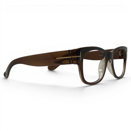 Tpine 553 square TR90 plastic eyeglasses, side view showing gold T accent and built-in nose pads 