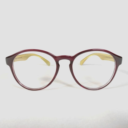 Brown glossy round eyeglasses with yellow temples on white background