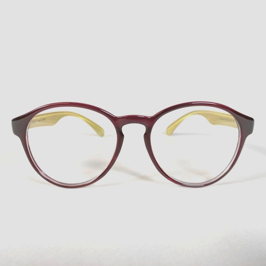 Brown glossy round eyeglasses with yellow temples on white background