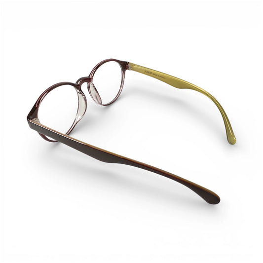 Glossy brown round eyeglasses with yellow temples on white background
