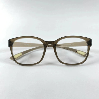 Front view of olive green square eyeglass frames on white background