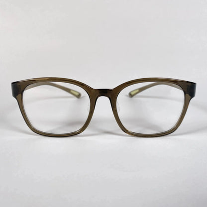 Olive green square eyeglasses with clear lenses on white background