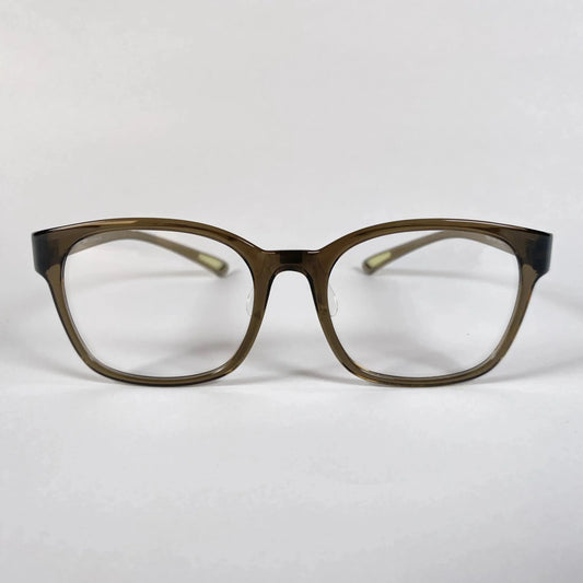 Olive green square eyeglasses with clear lenses on white background