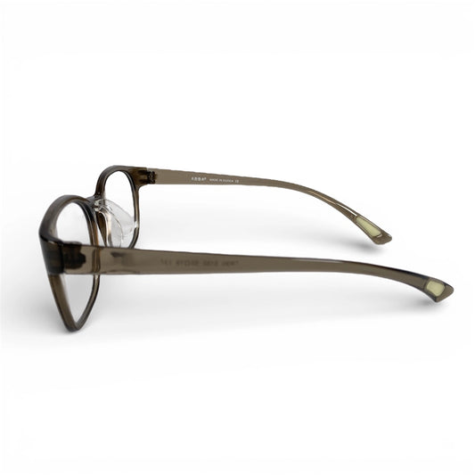 Olive green round eyeglasses with clear nose pads on white background, side view