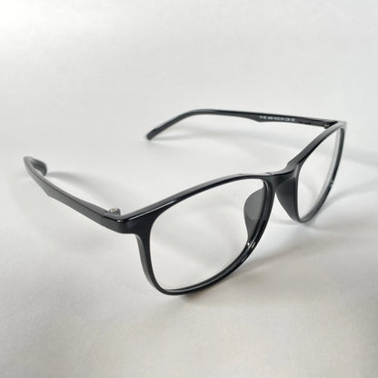 Black square eyeglasses with clear lenses on a white background, modern glasses style