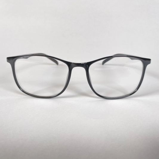 Black square eyeglasses with clear lenses on white background, stylish optical eyewear