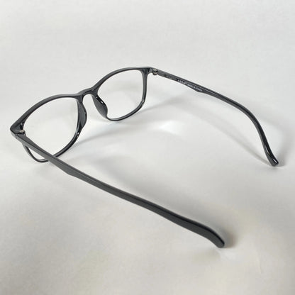 Black full-rim eyeglasses with clear lenses on a white background