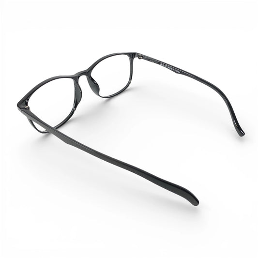 Black full-rim eyeglasses with clear lenses on a white background