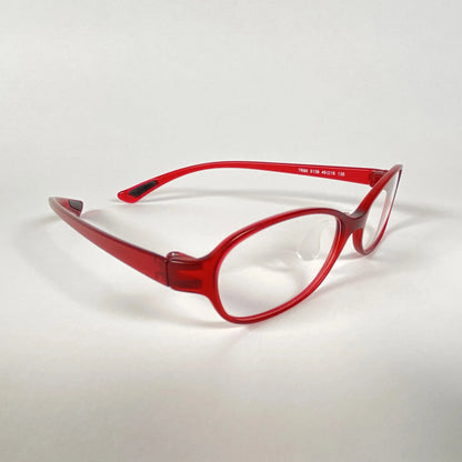 Red sporty eyeglasses with clear lenses on a white background, cat-eye frame style