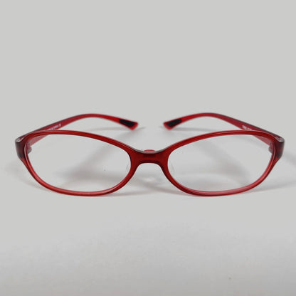 Red sporty eyeglasses with clear lenses on plain white background