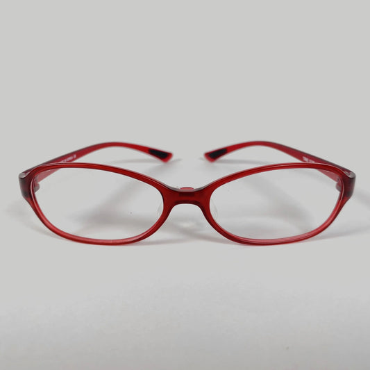 Red sporty eyeglasses with clear lenses on plain white background