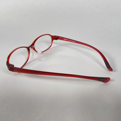 Red sporty eyeglasses with clear lenses and black temple tips on white background