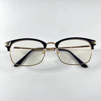 ClubVion 2035 detail view - premium gold metal bridge and lower rim contrasting with bold black upper frame