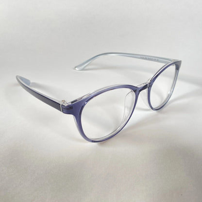 Transparent navy round eyeglasses with clear lenses on white background, side angle view