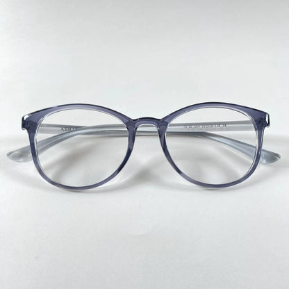 Round navy transparent eyeglasses on white background