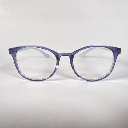 Round transparent navy eyeglasses with clear lenses on white background