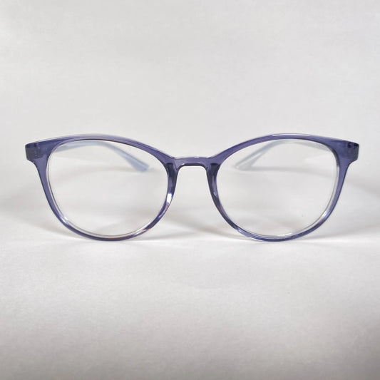 Round transparent navy eyeglasses with clear lenses on white background