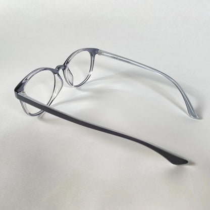 Navy transparent eyeglasses with round frames on white background