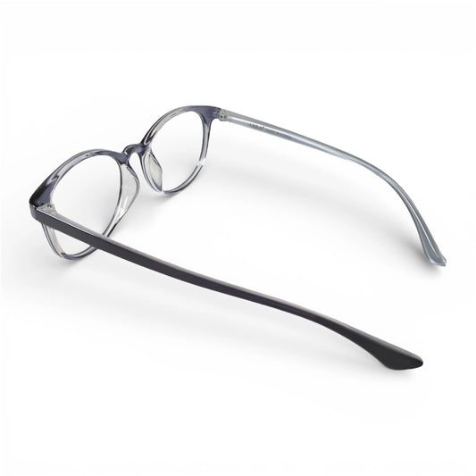Navy transparent eyeglasses with round frames on white background