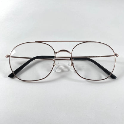 Rose gold pilot eyeglasses with thin metal frame and clear lenses on white background