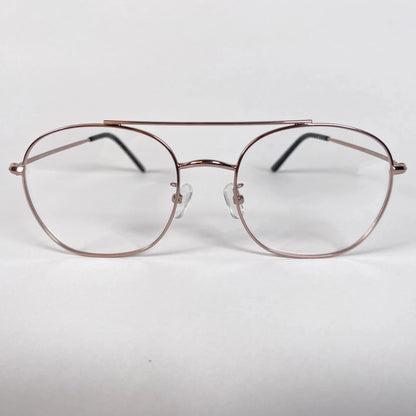 Rose gold pilot eyeglasses with thin metal frame on white background