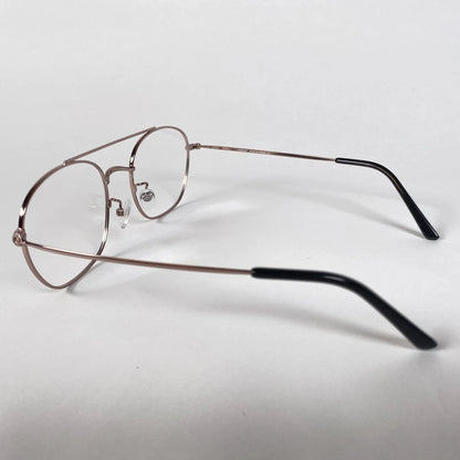 Rose gold round metal pilot eyeglasses with black temple tips on white background