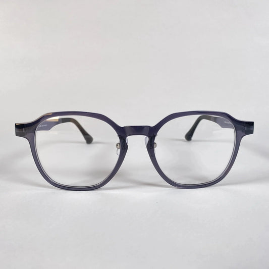 Halla 1015 geometric eyeglasses front view - unique navy frame blending round lenses with angular cuts inspired by Mount Halla