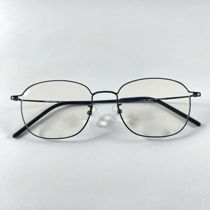 Titanium eyeglasses with thin black frame and clear lenses on white background