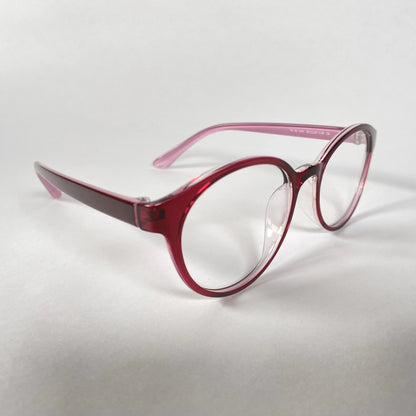 Round burgundy eyeglasses with clear lenses on a white background