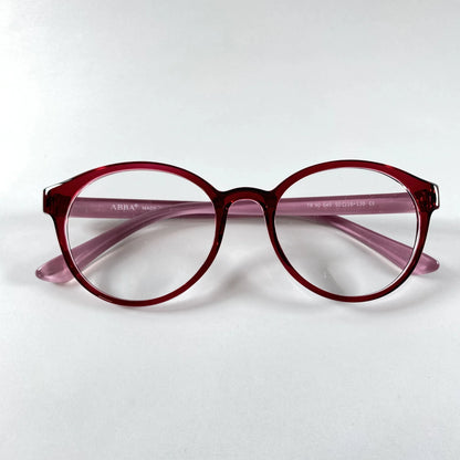 Round burgundy eyeglasses with clear lenses on a white background