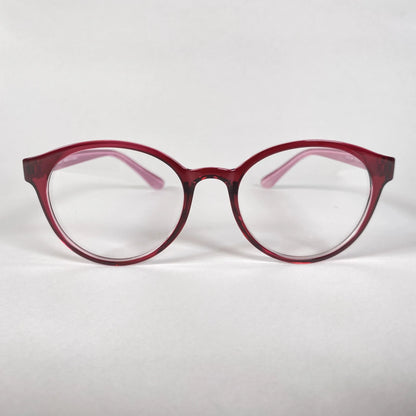 Round burgundy eyeglasses with clear lenses on a white background