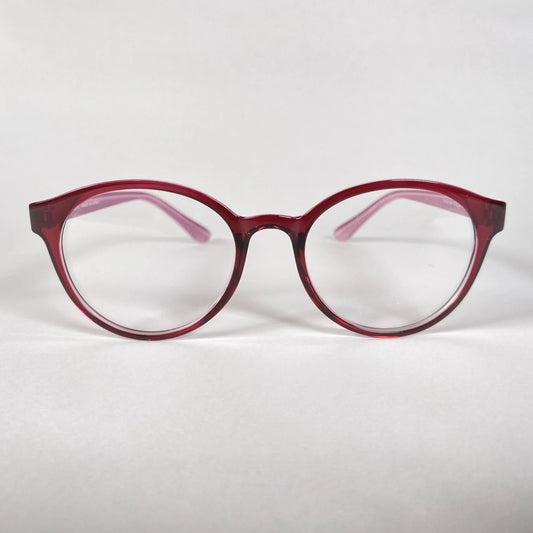 Round burgundy eyeglasses with clear lenses on a white background