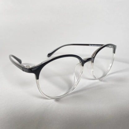 Round black and clear acetate eyeglasses on white background