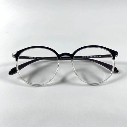 Round black clear plastic eyeglasses with transparent lower rims on white background