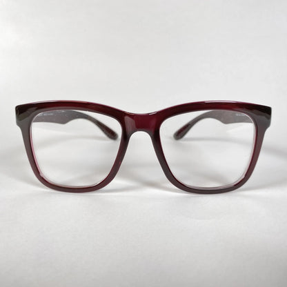 Front view of burgundy horn-rimmed eyeglasses with square lenses on white background