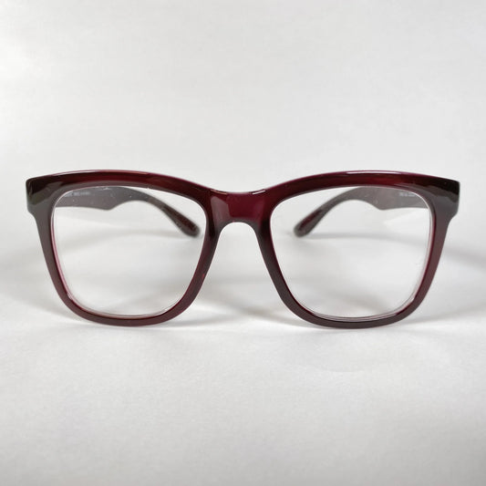 Front view of burgundy horn-rimmed eyeglasses with square lenses on white background