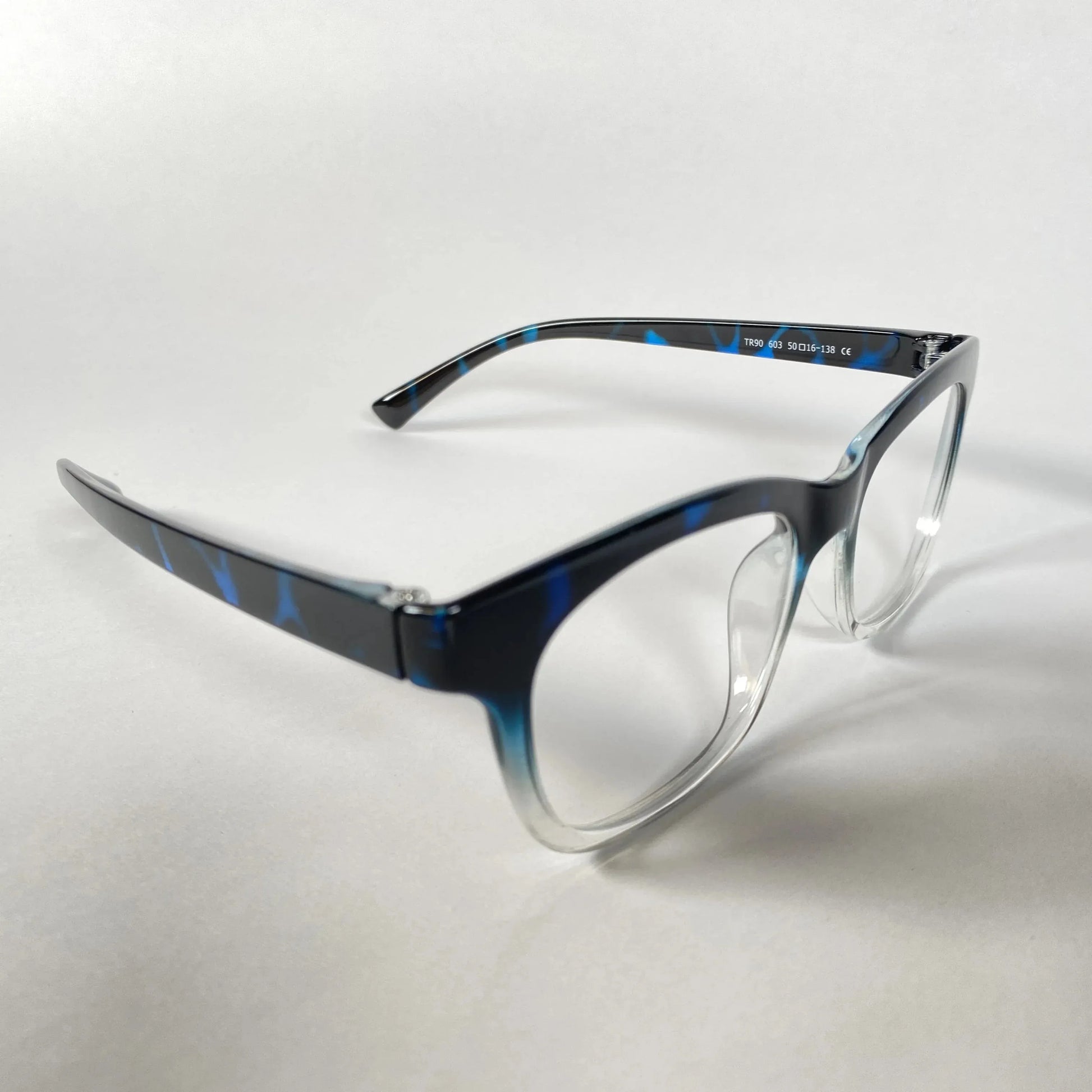 Blue marble square eyeglasses with clear lower rims on a white background