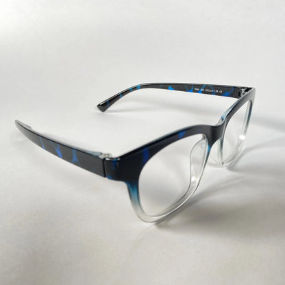 Blue marble square eyeglasses with clear lower rims on a white background