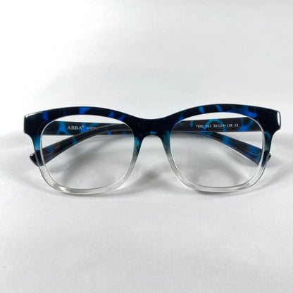 Blue marble pattern eyeglasses with transparent bottom frame on white background