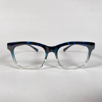Blue marble pattern square eyeglass frame with gradient clear bottom on white background