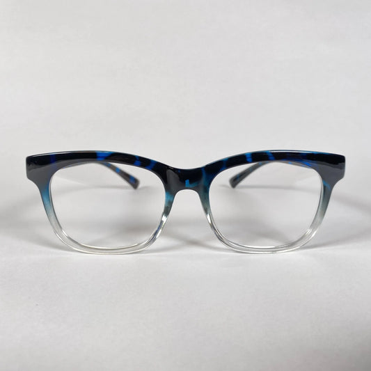 Blue marble pattern square eyeglass frame with gradient clear bottom on white background