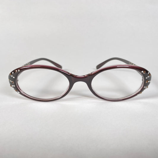 Oval burgundy eyeglasses with crystal accents on frame, stylish eyewear on white background