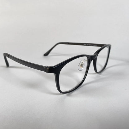 Black square eyeglasses with clear lenses and nose pads on a white background