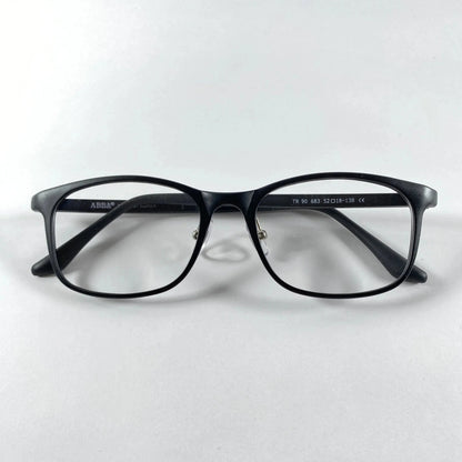 Black square eyeglasses with clear lenses on a white background, ABBA brand detail visible