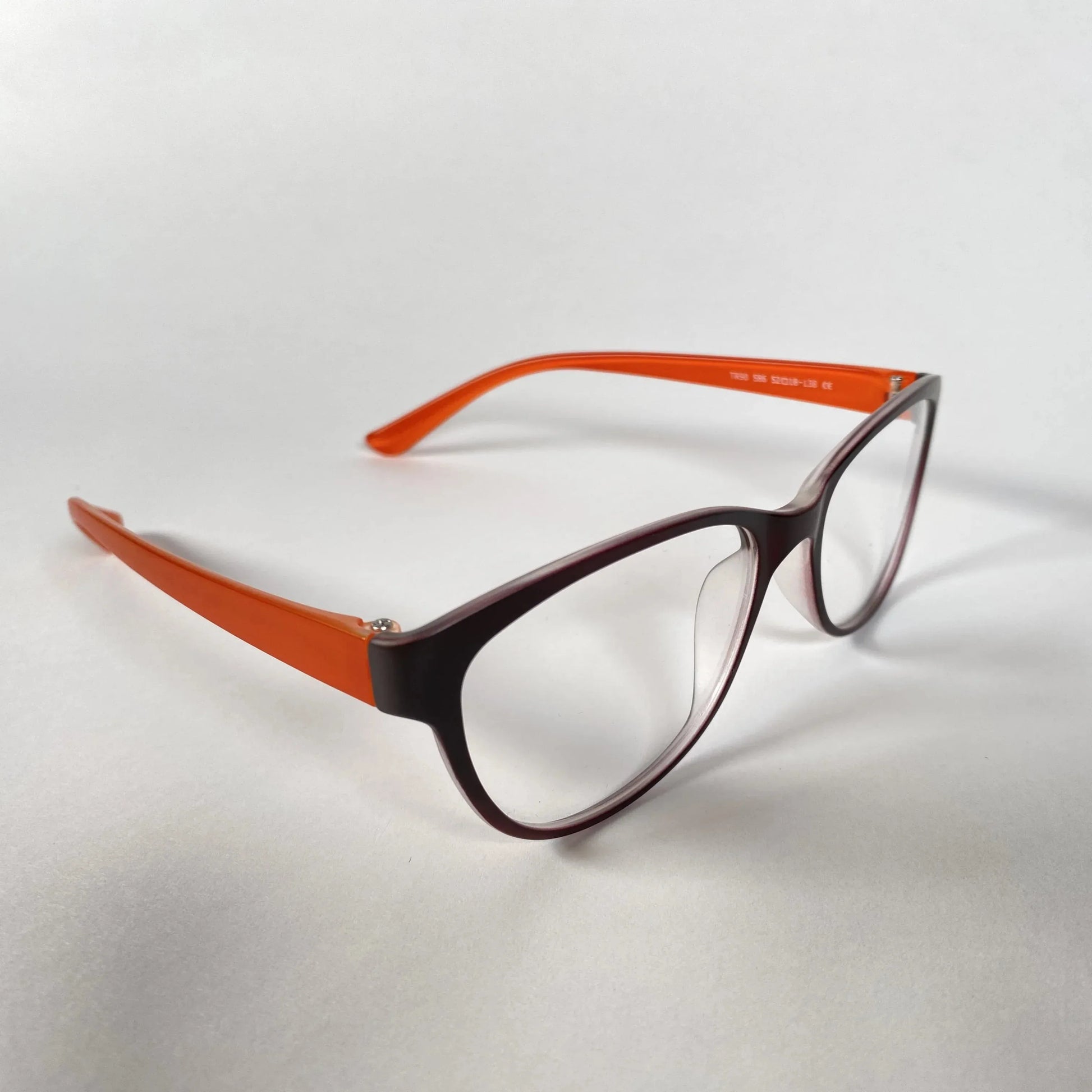 Brown and orange eyeglasses with rectangular frames on white background